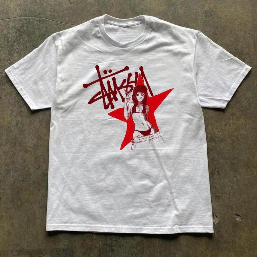 White StSsy Graphic Tee With Red Star And Girl